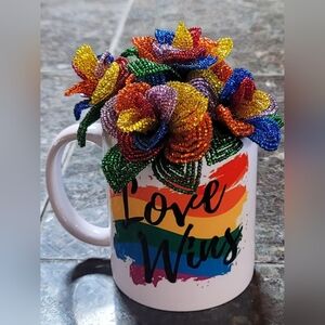 2-Sided Pride/Rainbow Mug filled with French Beaded Flowers